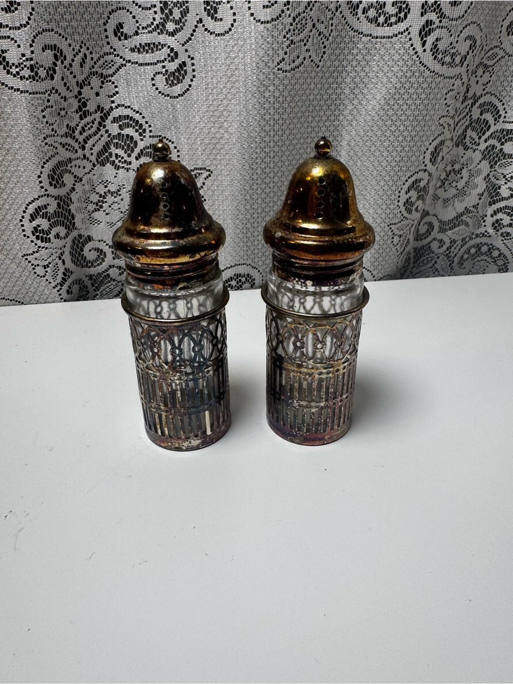 Vintage Silver Plated Salt & Pepper Shakers Ornate Filigree Patina